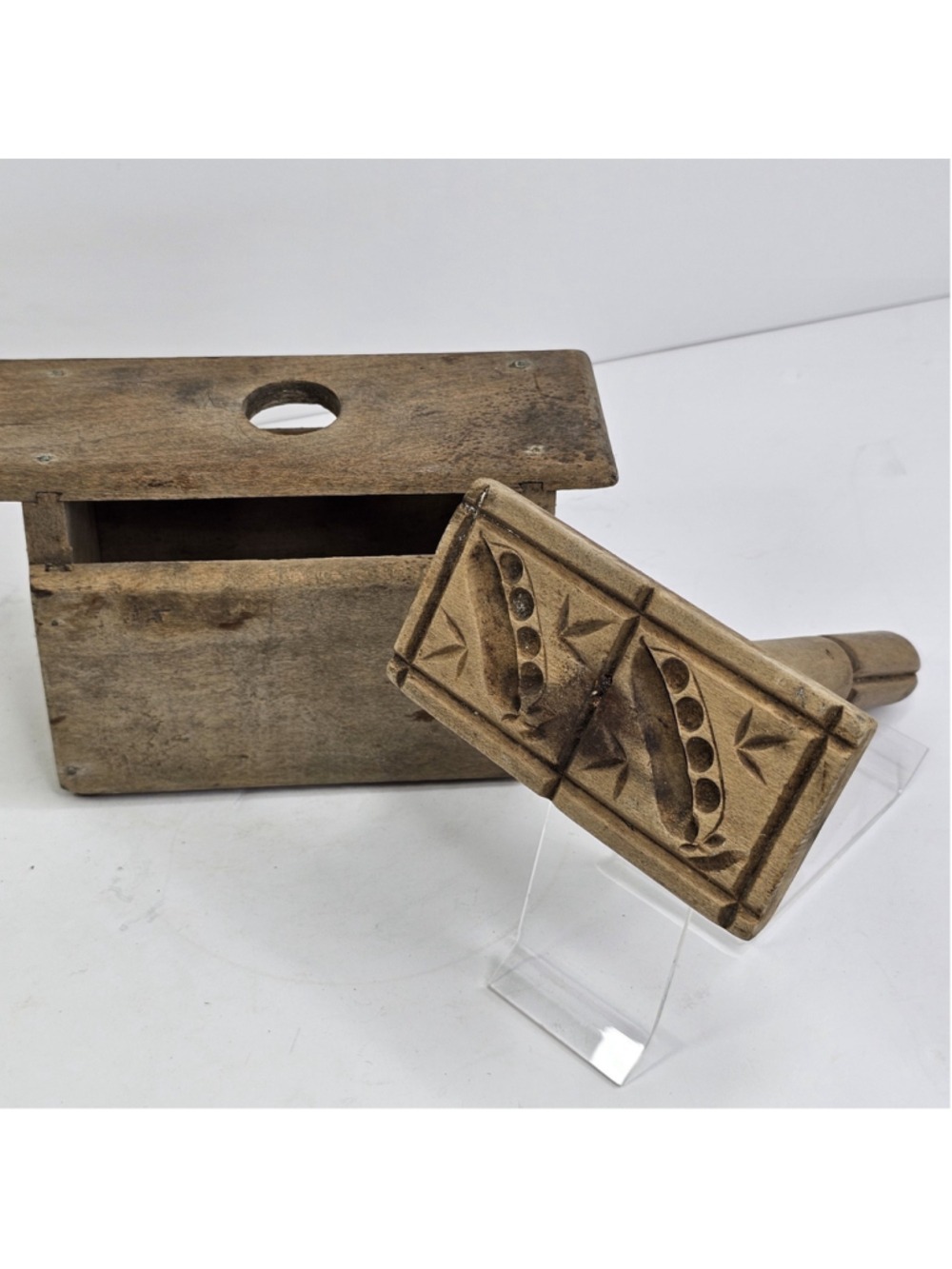 Vintage Wooden Butter Press Mold Box Hand Carved Folk Art Floral Design...